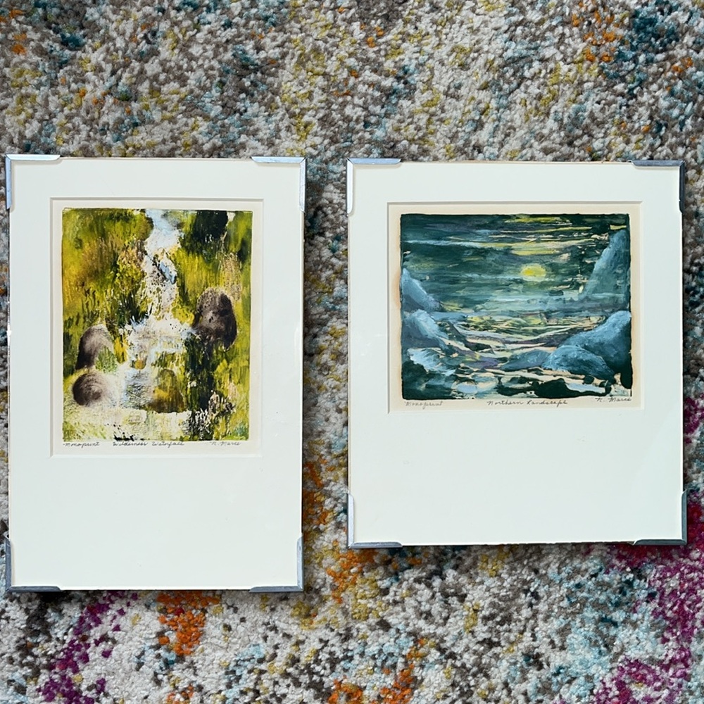 2 Monoprint Wilderness Waterfall/ Northern Landscape, signed